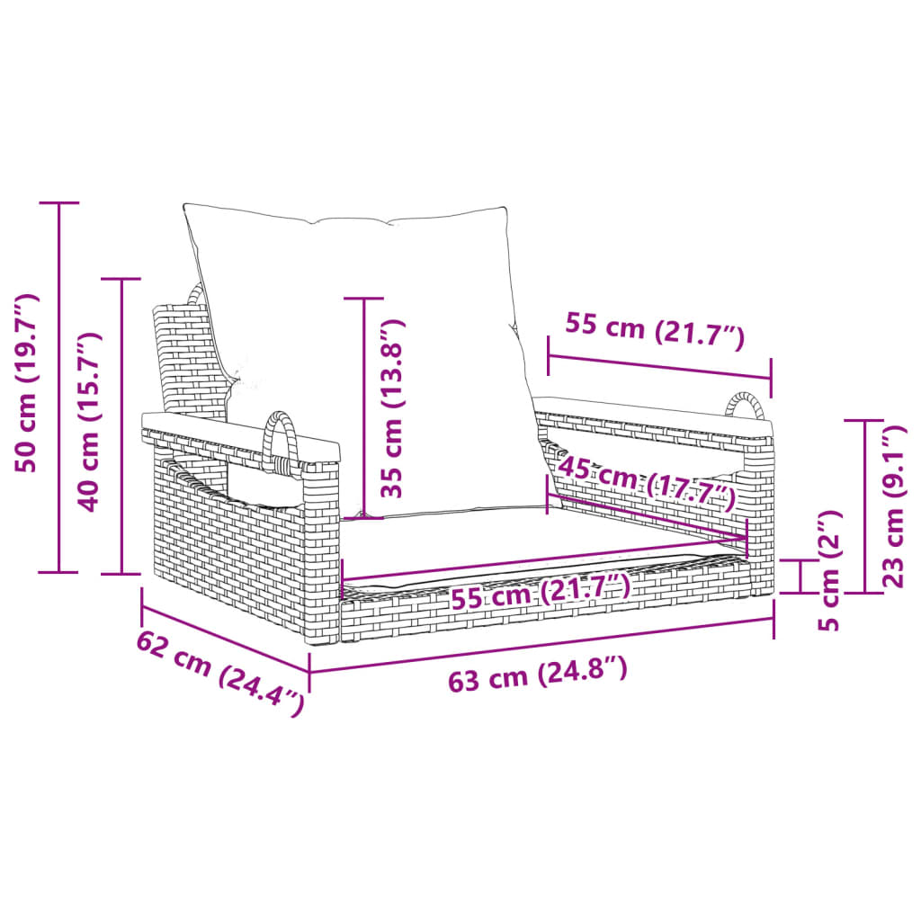 скамья-качалка с подушками, черная, 63 x 62 x 40 см, полираттан