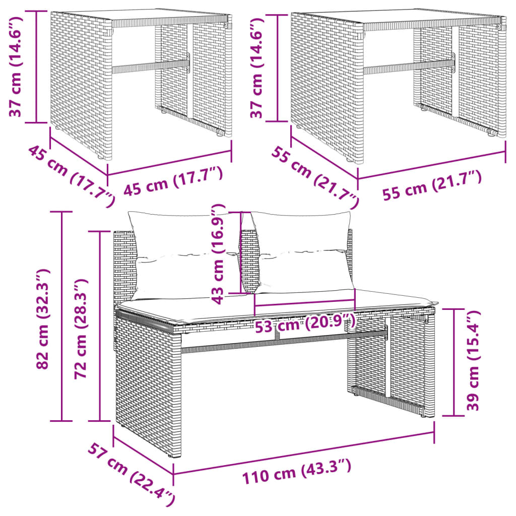 4-osaline aiadiivani komplekt patjadega, must, polürotang