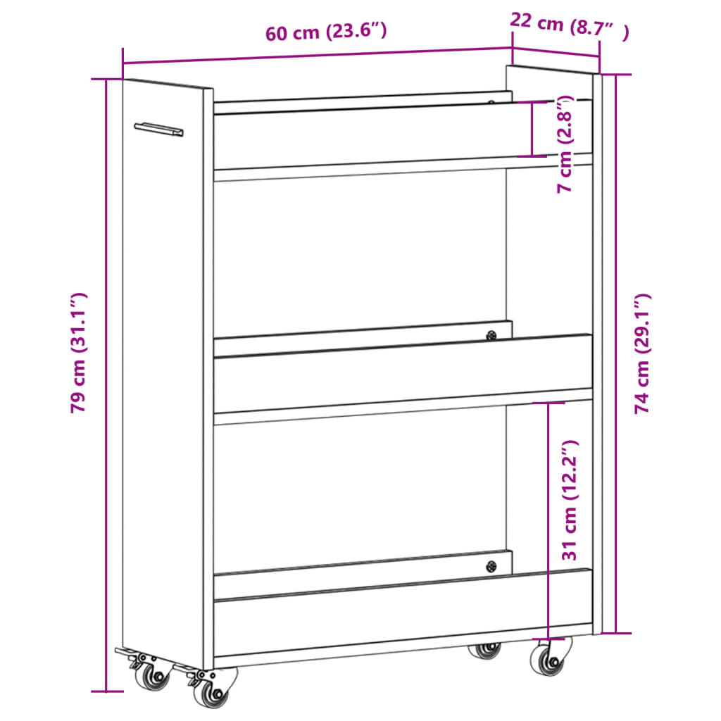 ratastega kapp, hall Sonoma tamm, 60 x 22 x 79 cm, tehispuit