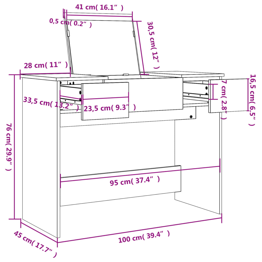 peegliga tualettlaud, suitsutatud tamm, 100x45x76 cm