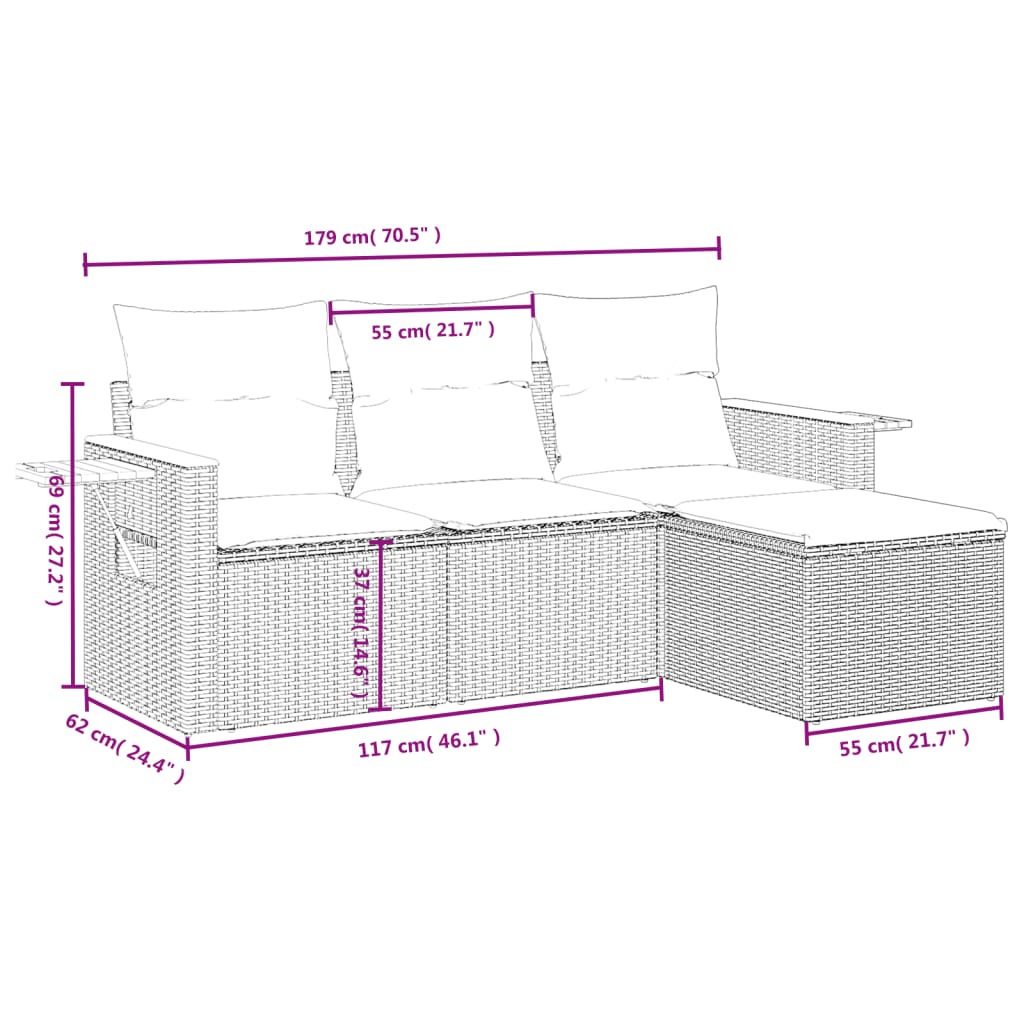 4-osaline aiadiivani komplekt patjadega, must, polürotang