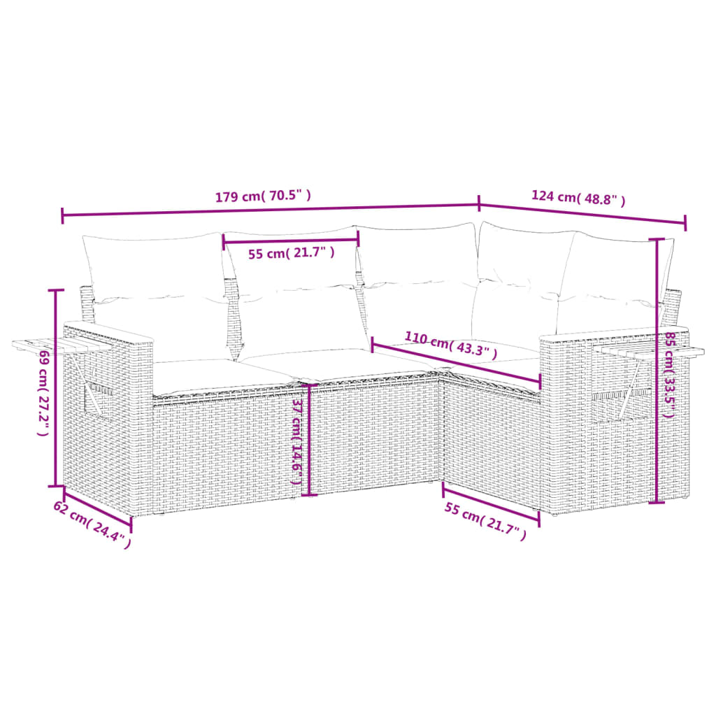 4-osaline aiamööbli komplekt patjadega, hall, polürotang