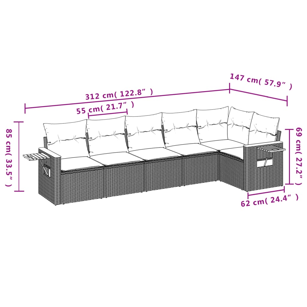 6-osaline aiadiivani komplekt patjadega, hall, polürotang