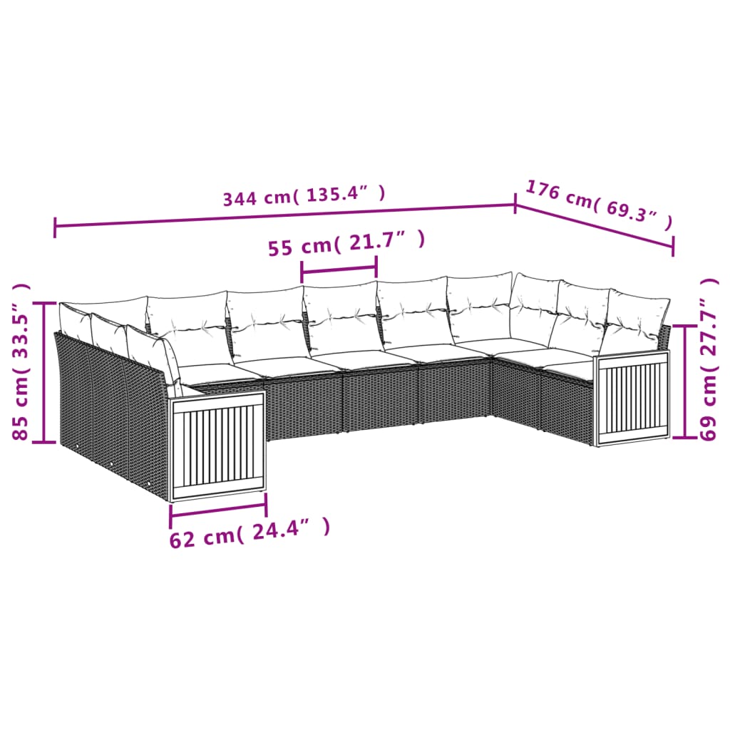 10-osaline aiadiivani komplekt patjadega, must, polürotang