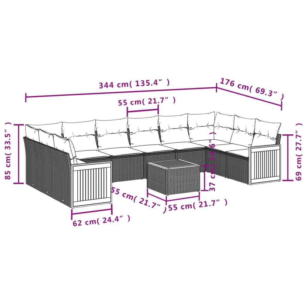 11-osaline aiadiivani komplekt patjadega, hall, polürotang