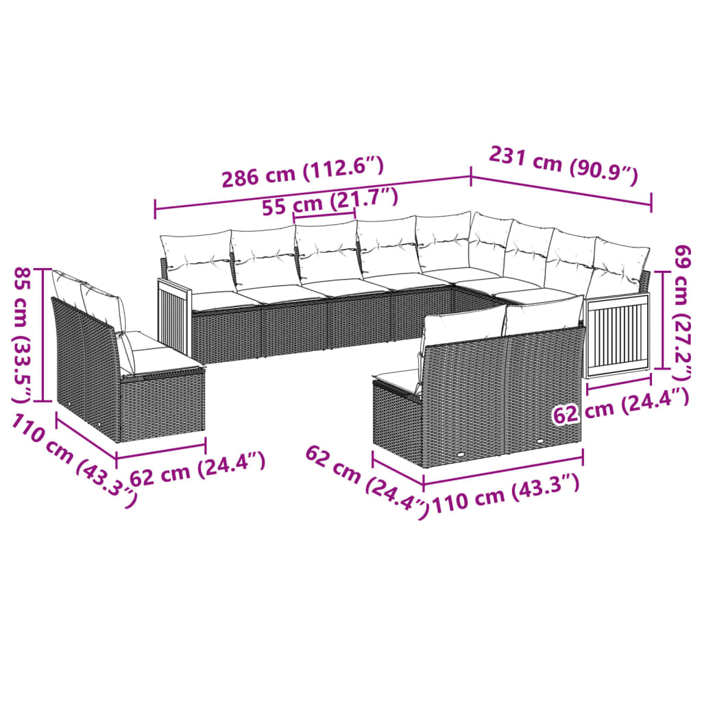 12-osaline aiadiivani komplekt patjadega, hall, polürotang