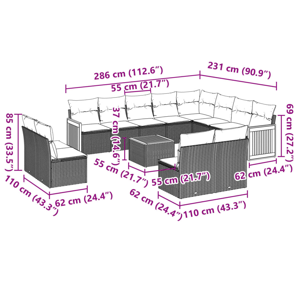 13-osaline aiadiivani komplekt patjadega, hall, polürotang