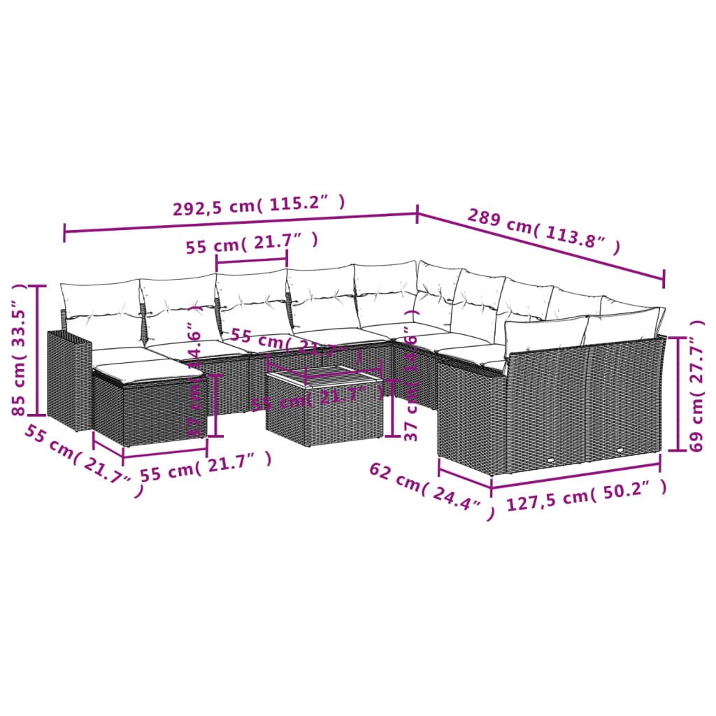 Комплект садовых диванов из 12 предметов с подушками, бежевый, полираттан