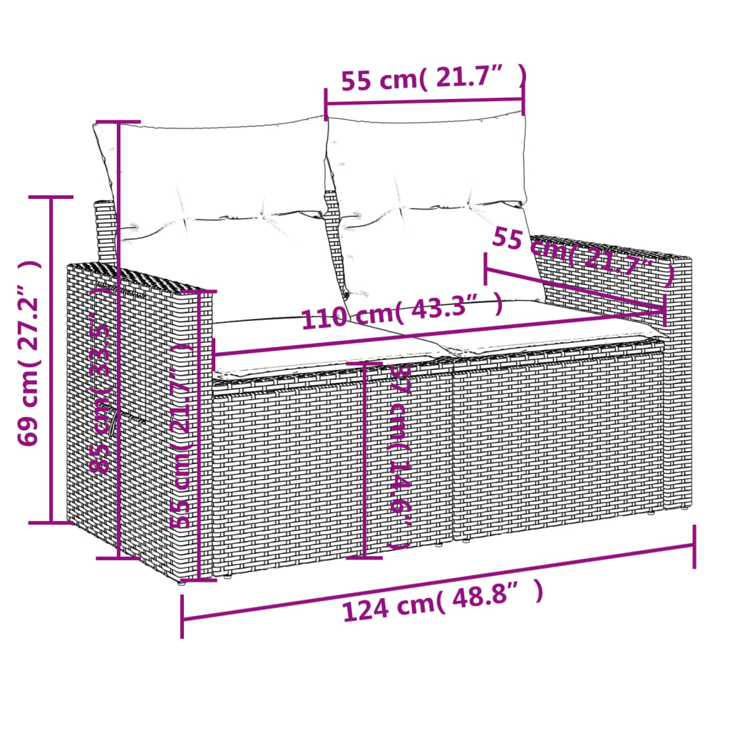 7-osaline aiadiivani komplekt patjadega, hall, polürotang