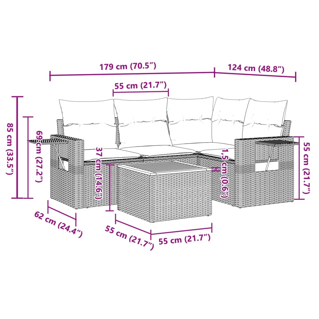 5-osaline aiamööblikomplekt istmepatjadega, polürotang, hall