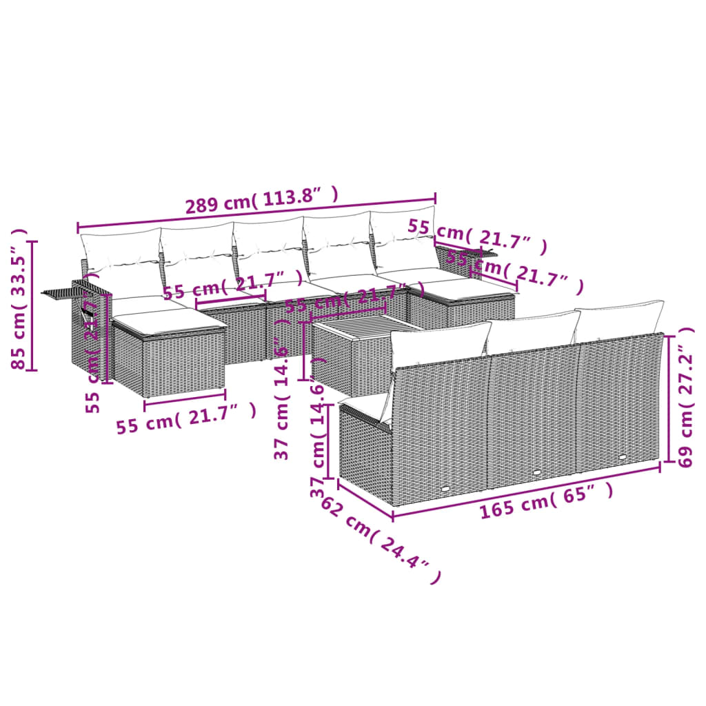 Комплект садовых диванов из 11 предметов с подушками, бежевый, полираттан