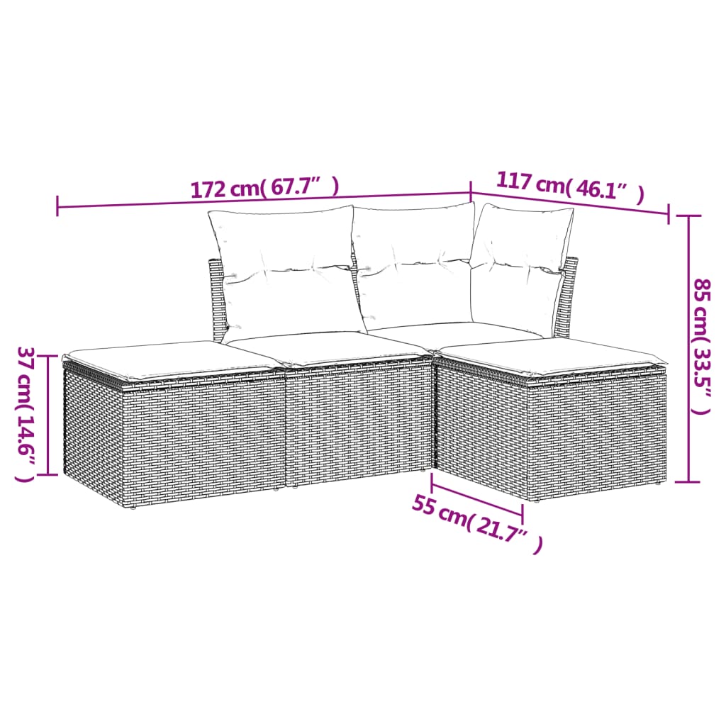 4-osaline aiadiivani komplekt patjadega, must, polürotang