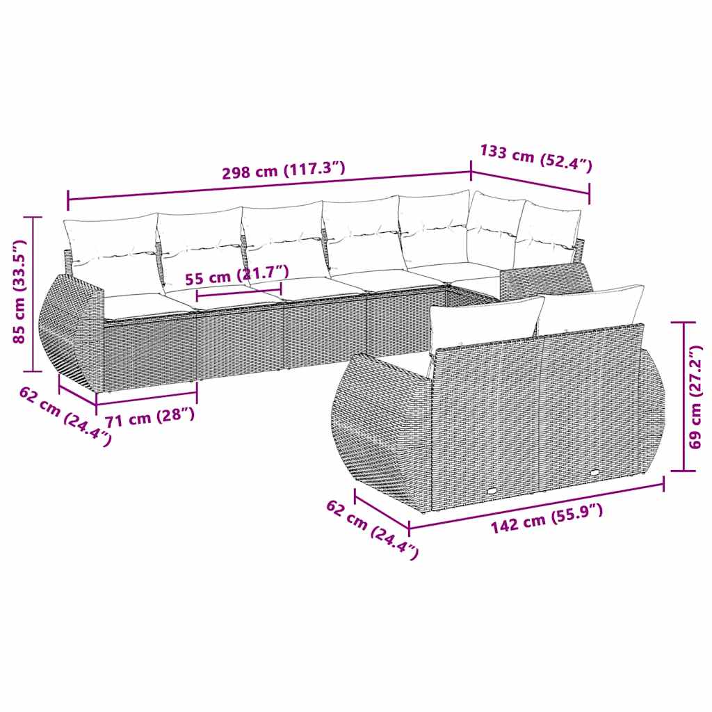 8-osaline aiadiivani komplekt patjadega, helehall, polürotang