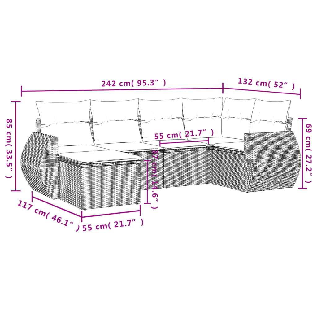 6-osaline aiadiivani komplekt patjadega, must, polürotang