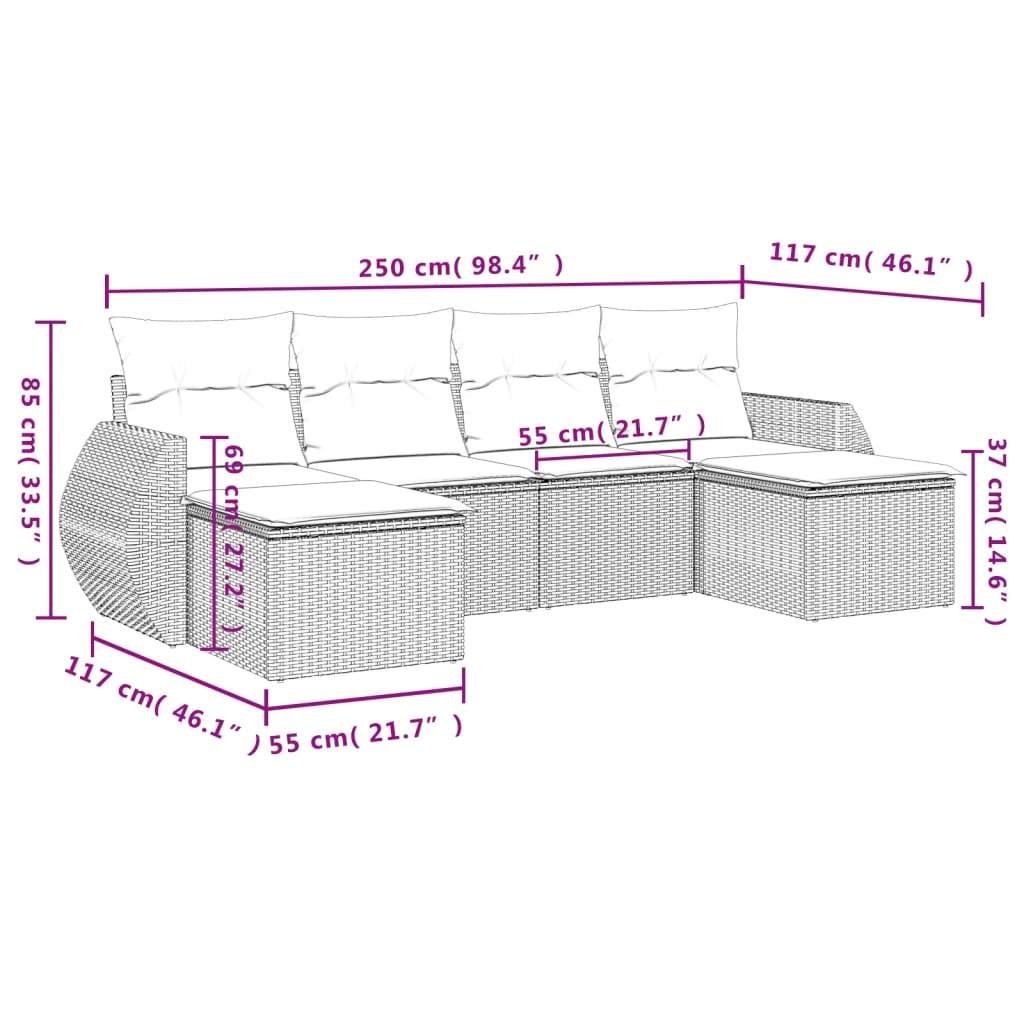 6-osaline aiadiivani komplekt patjadega, hall, polürotang