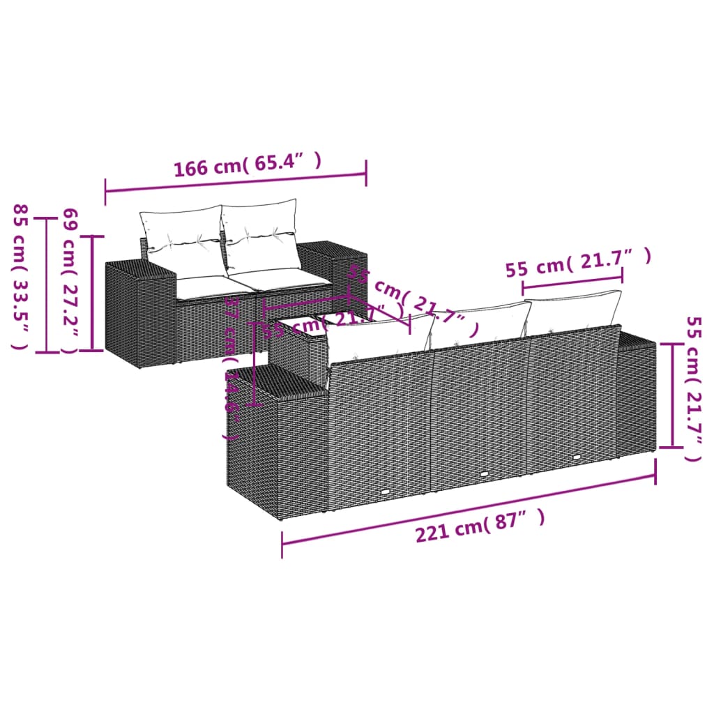 6-osaline aiadiivani komplekt patjadega, must, polürotang