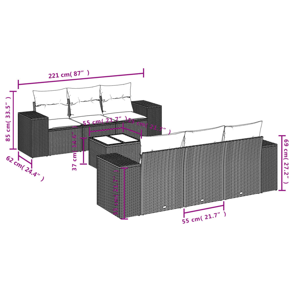 7-osaline aiadiivani komplekt patjadega, hall, polürotang