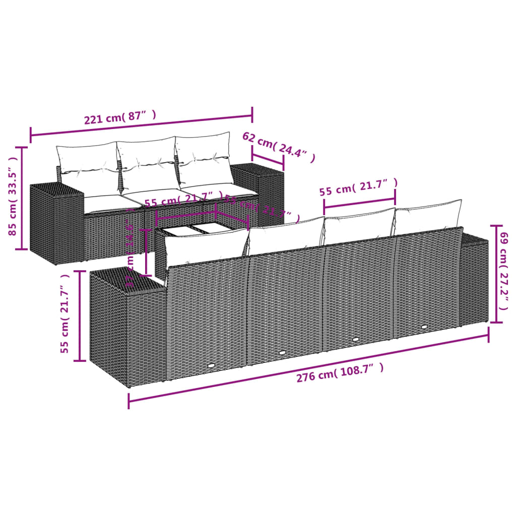 8-osaline aiadiivani komplekt patjadega, hall, polürotang