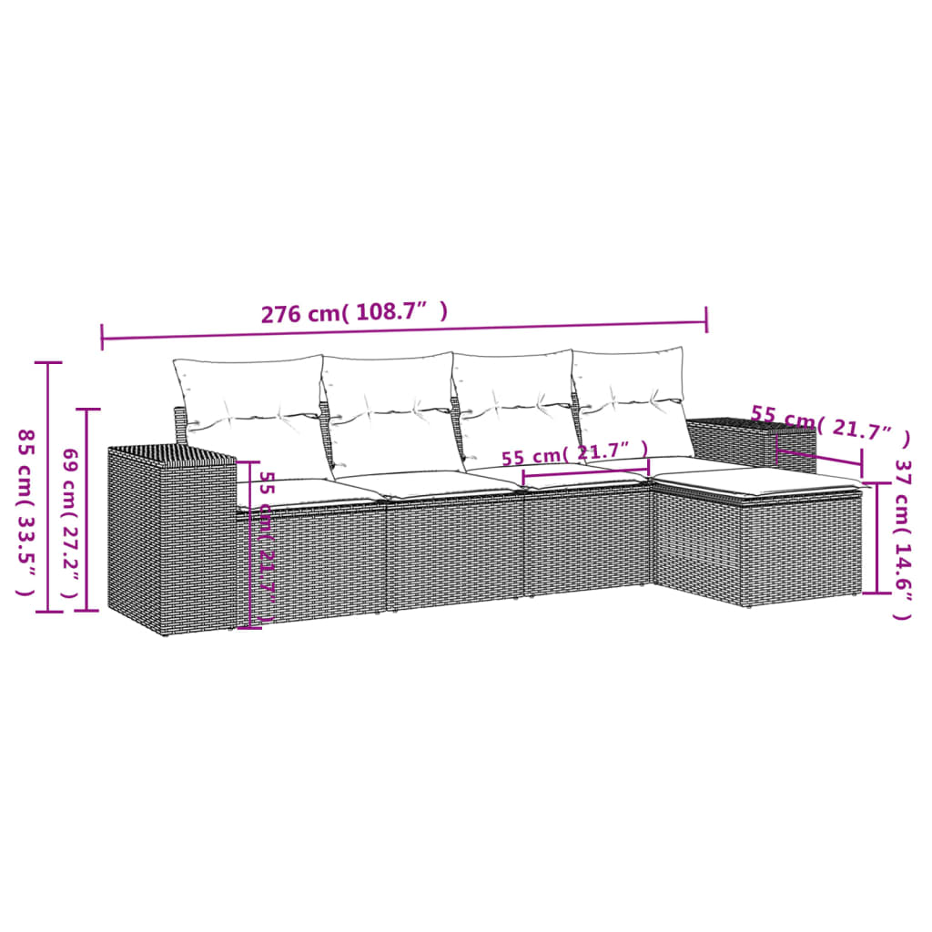 5-osaline aiamööblikomplekt istmepatjadega, polürotang, hall