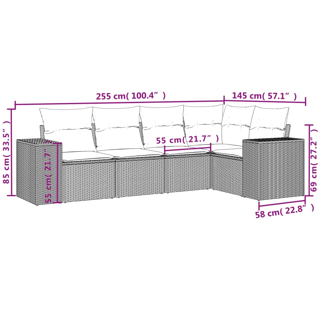 5-osaline aiamööblikomplekt istmepatjadega, polürotang, hall