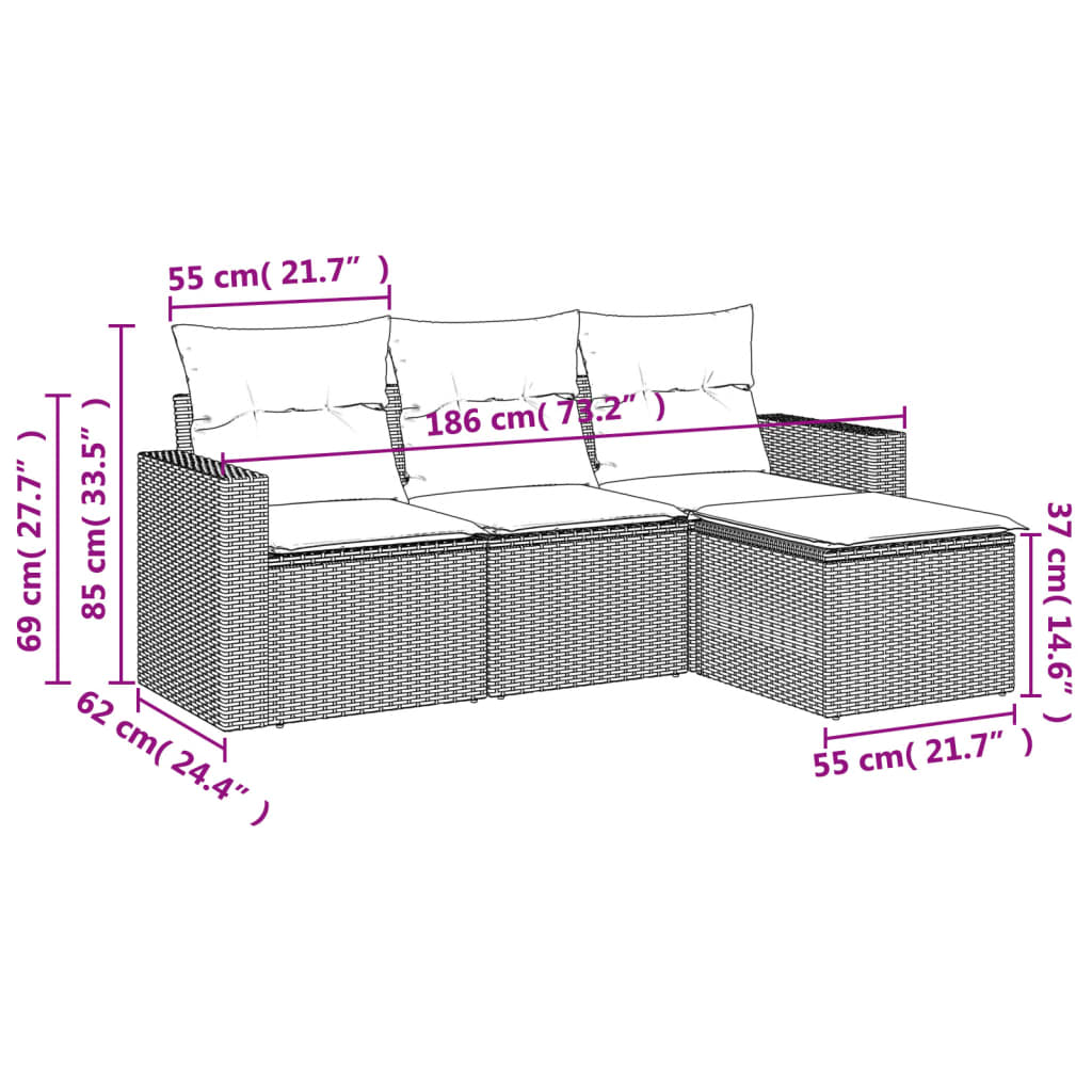 4-osaline aiadiivani komplekt patjadega, must, polürotang