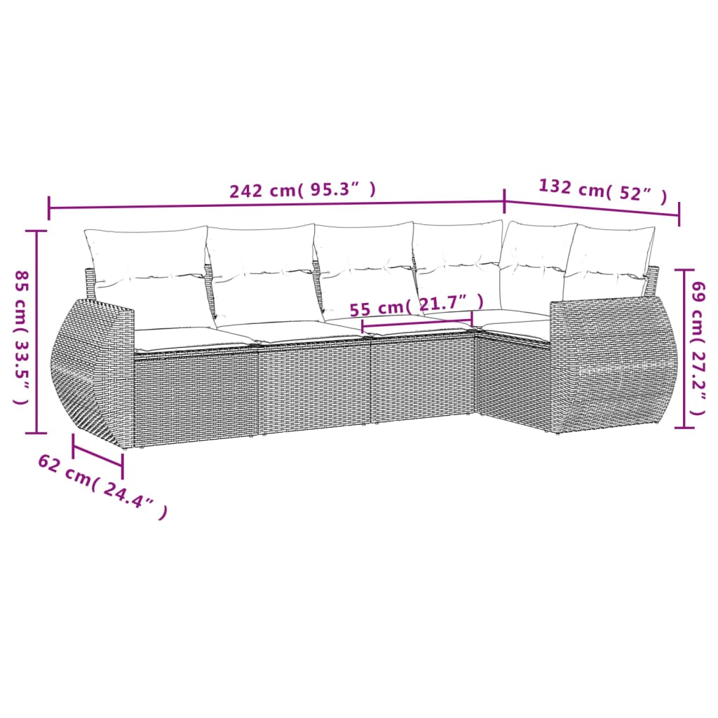 5-osaline aiamööblikomplekt istmepatjadega, polürotang, hall