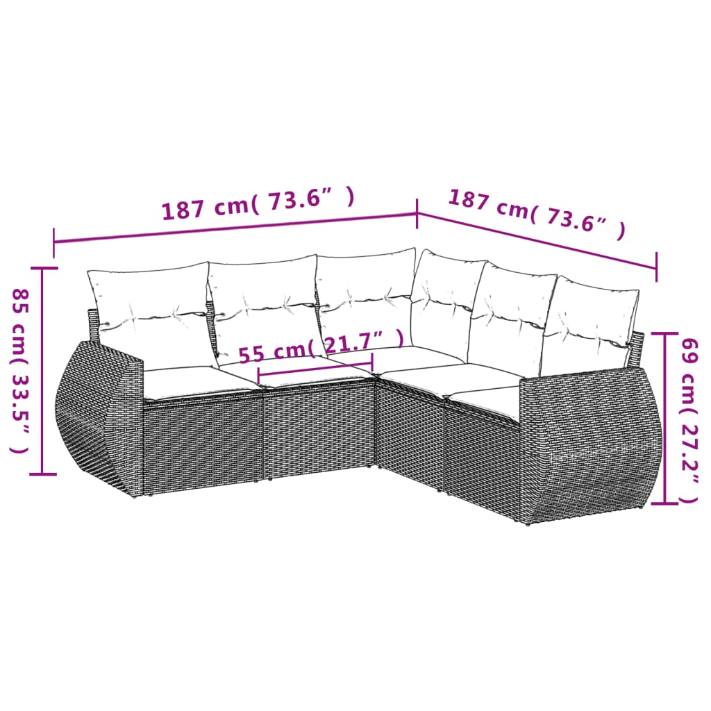 5-osaline aiamööblikomplekt istmepatjadega, polürotang, hall