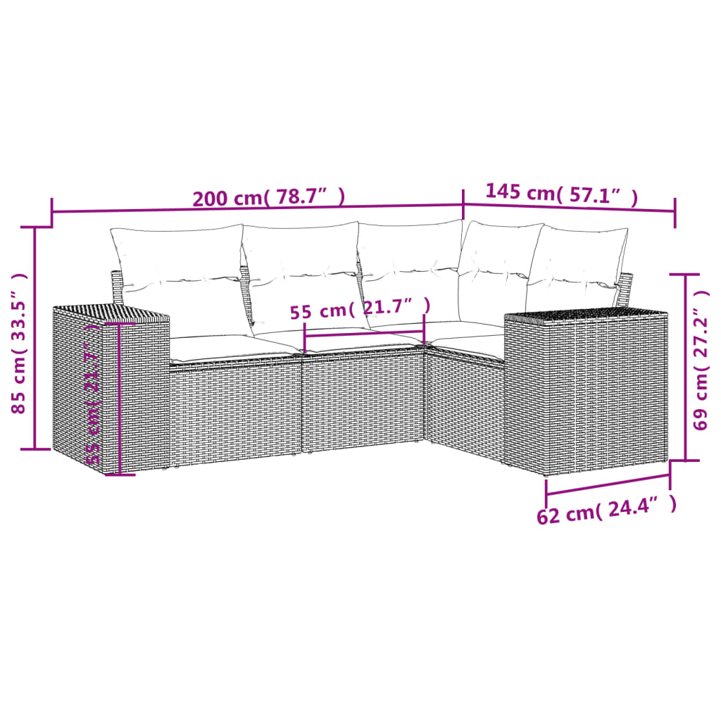 4-osaline aiamööbli komplekt patjadega, hall, polürotang