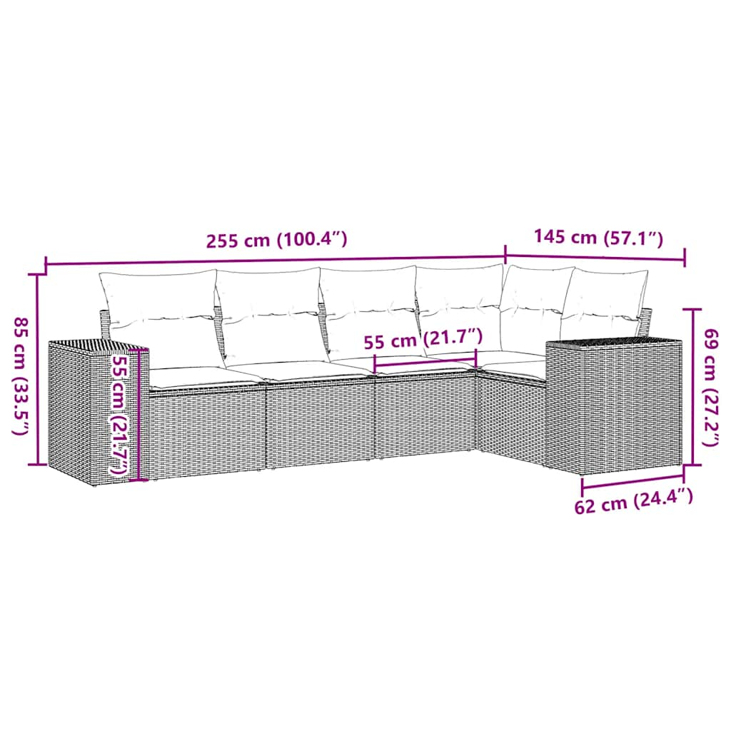 5-osaline aiamööblikomplekt patjadega, helehall, polürotang