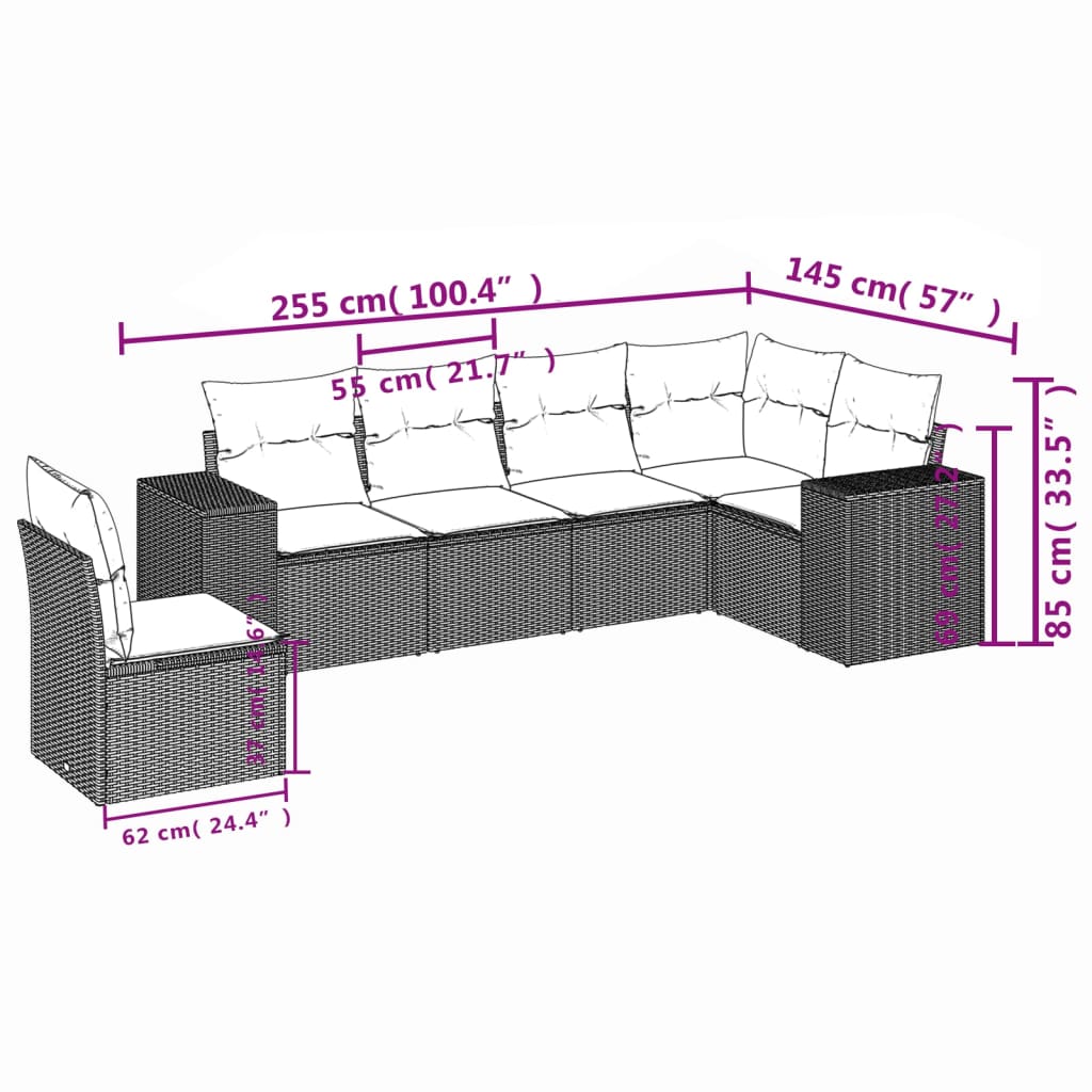 6-osaline aiadiivani komplekt patjadega, must, polürotang