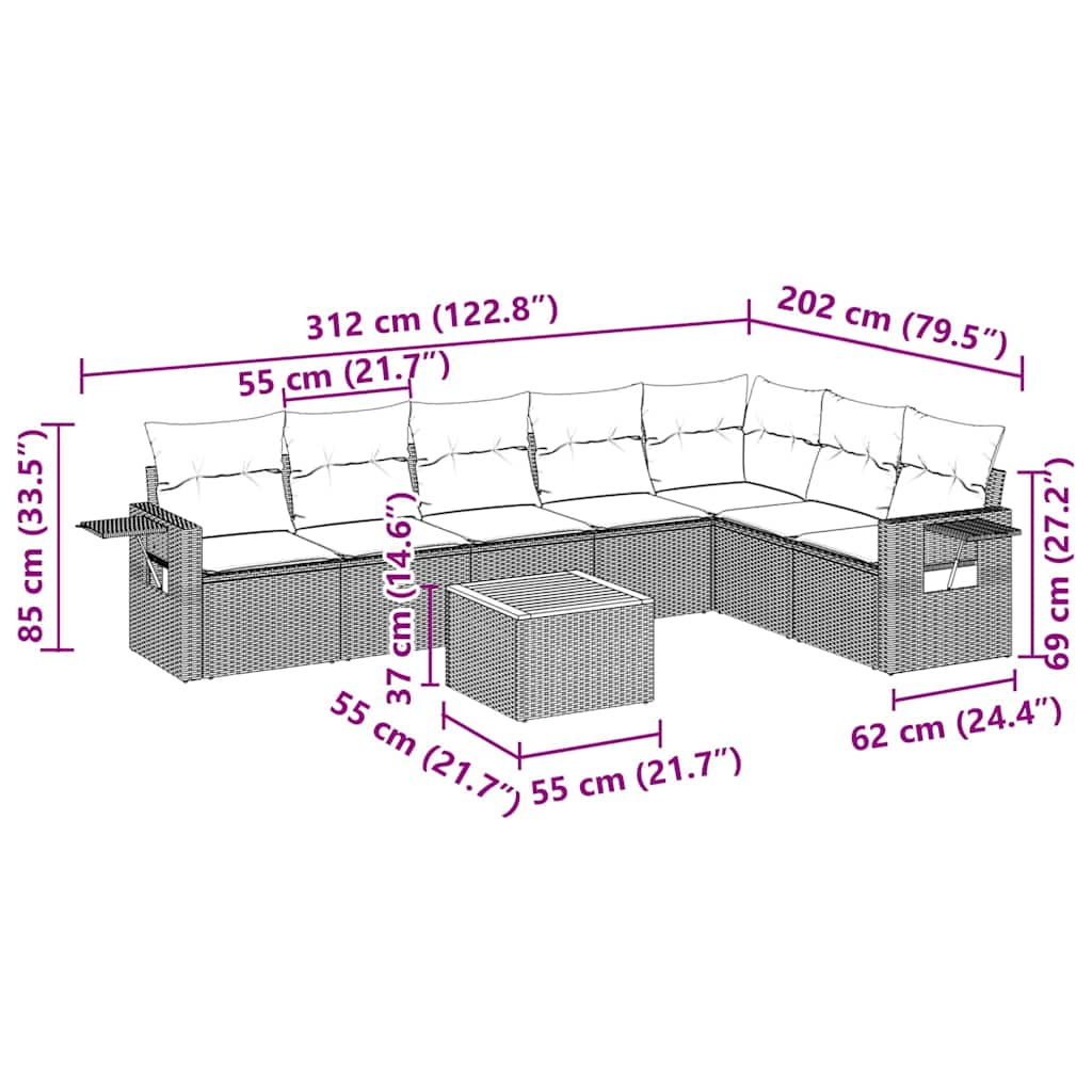 8-osaline aiadiivani komplekt patjadega, must, polürotang