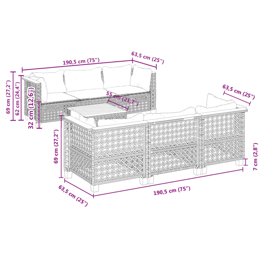 7-osaline aiadiivani komplekt patjadega, hall, polürotang