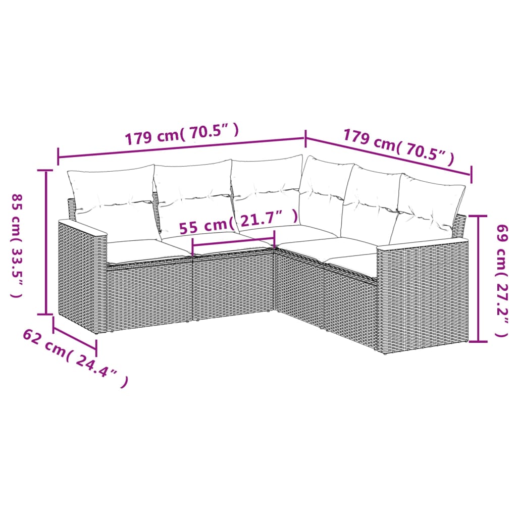 5-osaline aiamööblikomplekt istmepatjadega, polürotang, hall