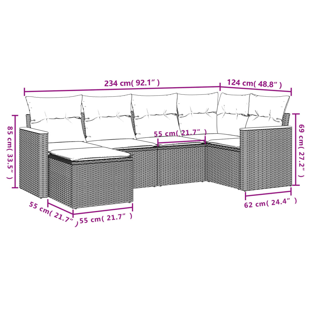 6-osaline aiadiivani komplekt patjadega, hall, polürotang