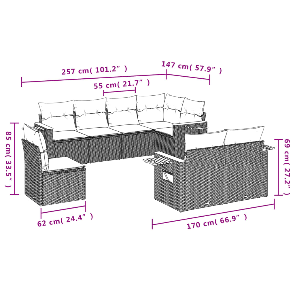 8-osaline aiadiivani komplekt patjadega, hall, polürotang