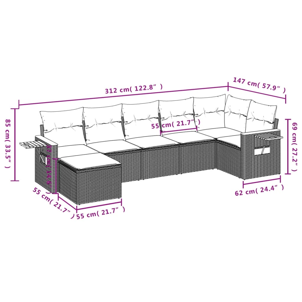 7-osaline aiadiivani komplekt patjadega, hall, polürotang