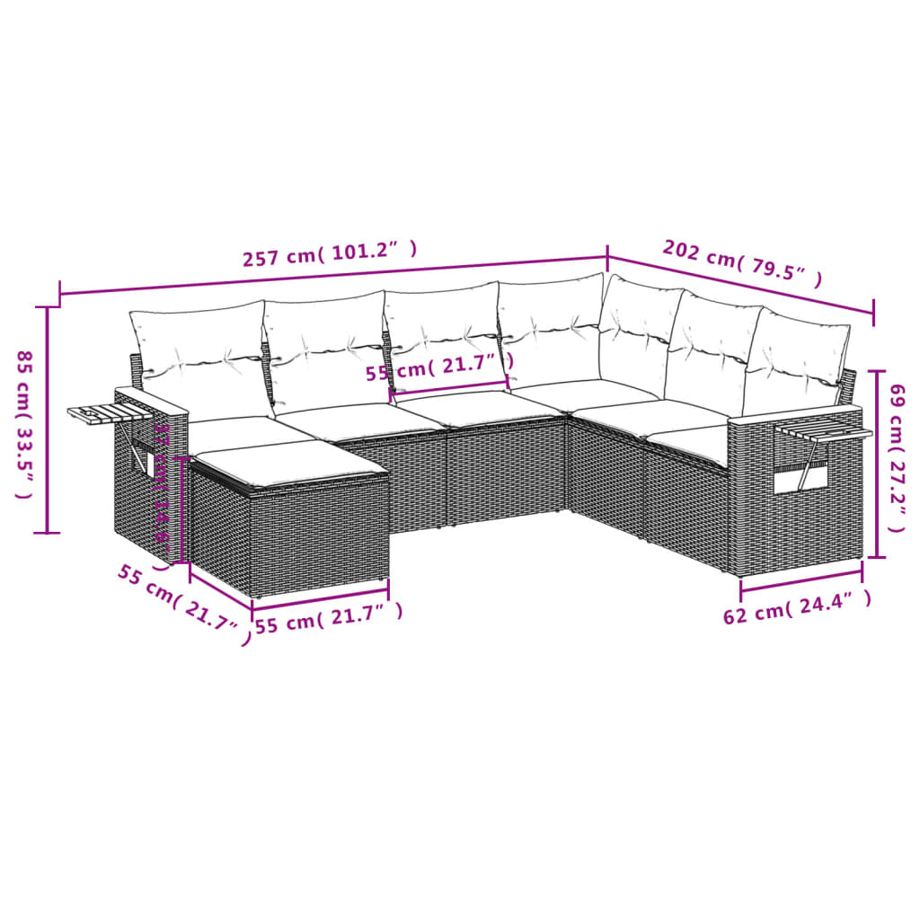 7-osaline aiadiivani komplekt patjadega, hall, polürotang