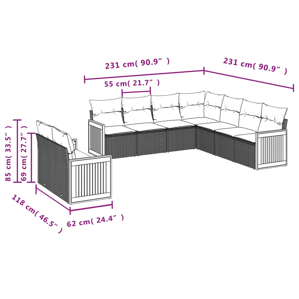 9-osaline aiadiivani komplekt patjadega, hall, polürotang