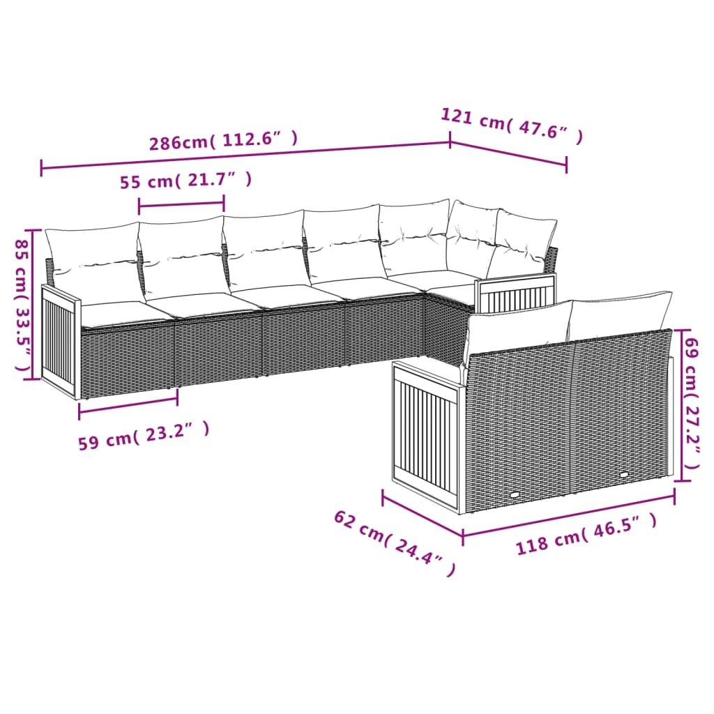 8-osaline aiadiivani komplekt patjadega, hall, polürotang