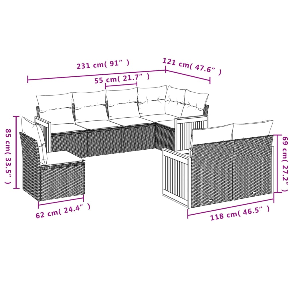 8-osaline aiadiivani komplekt patjadega, hall, polürotang