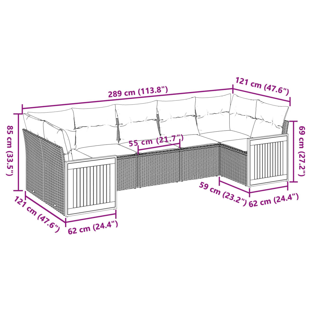 7-osaline aiadiivani komplekt patjadega, hall, polürotang