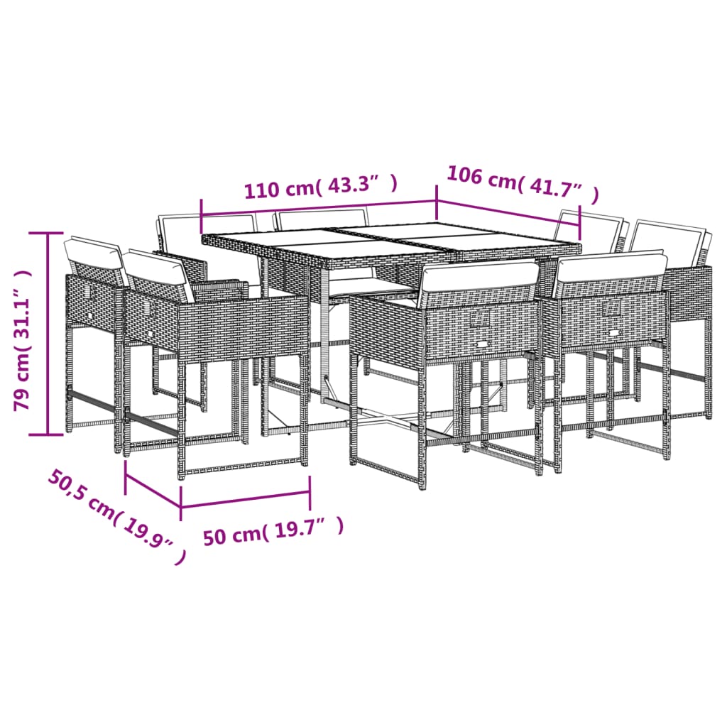 9-osaline aiamööbli komplekt patjadega, must, polürotang