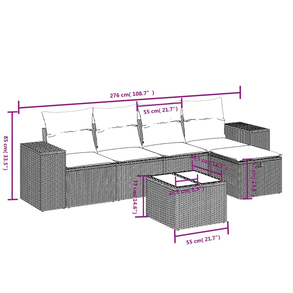 6-osaline aiamööblikomplekt patjadega, helehall, polürotang