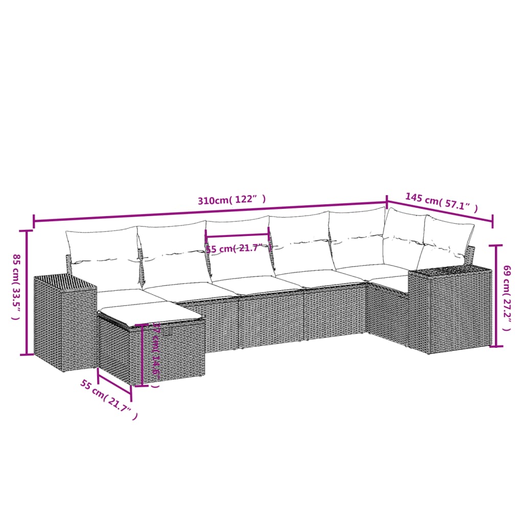 7-osaline aiadiivani komplekt patjadega, hall, polürotang