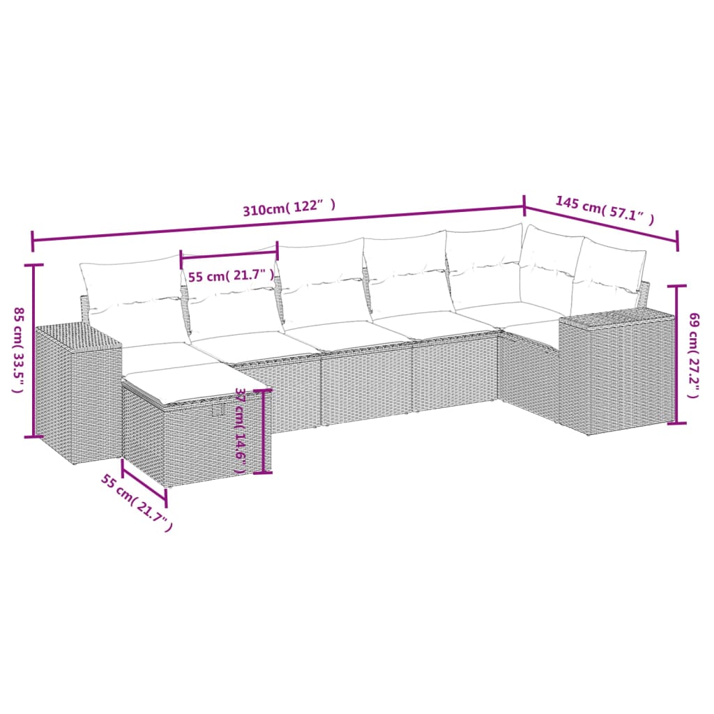 7-osaline aiadiivani komplekt patjadega, hall, polürotang