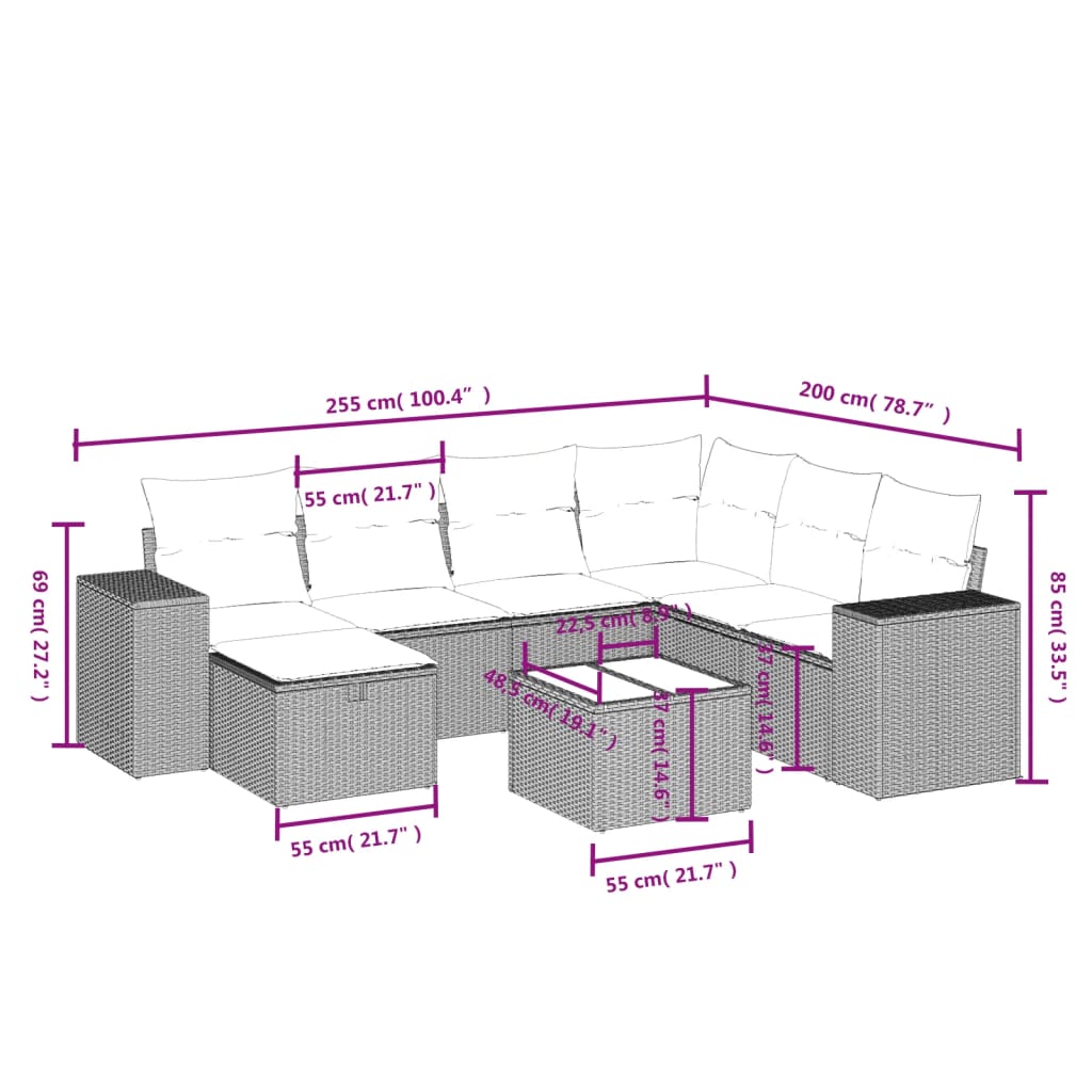 8-osaline aiadiivani komplekt patjadega, hall, polürotang