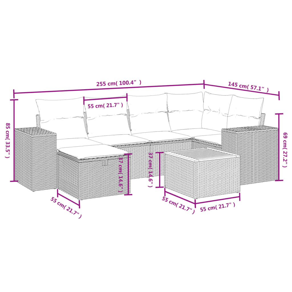 7-osaline aiadiivani komplekt patjadega, hall, polürotang