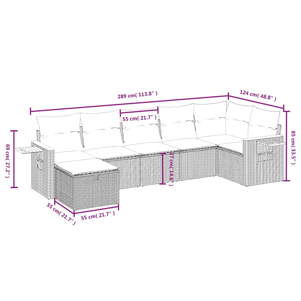 7-osaline aiadiivani komplekt patjadega, hall, polürotang