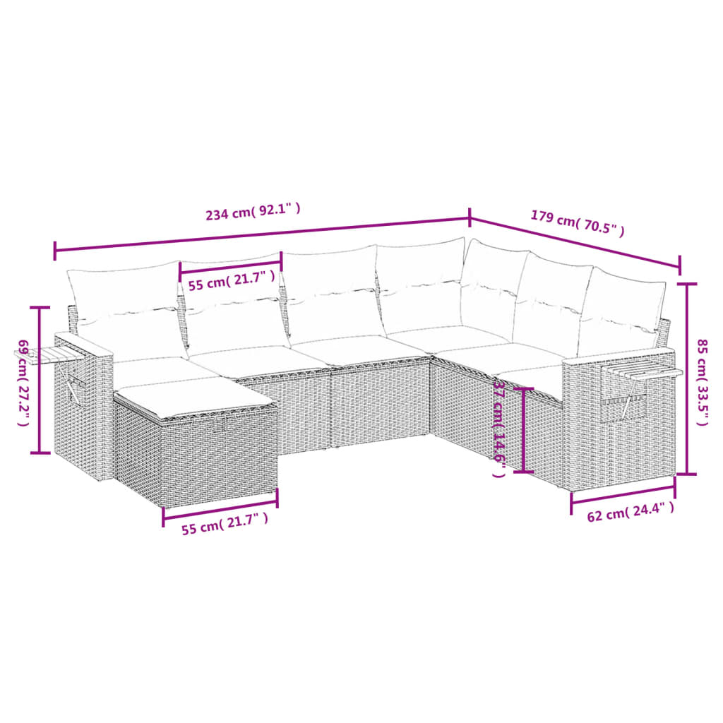 7-osaline aiadiivani komplekt patjadega, hall, polürotang