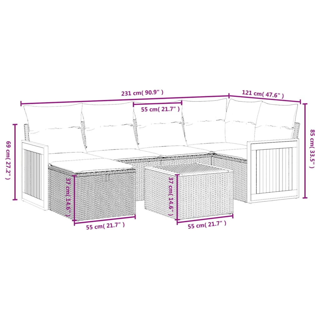 7-osaline aiadiivani komplekt patjadega, hall, polürotang